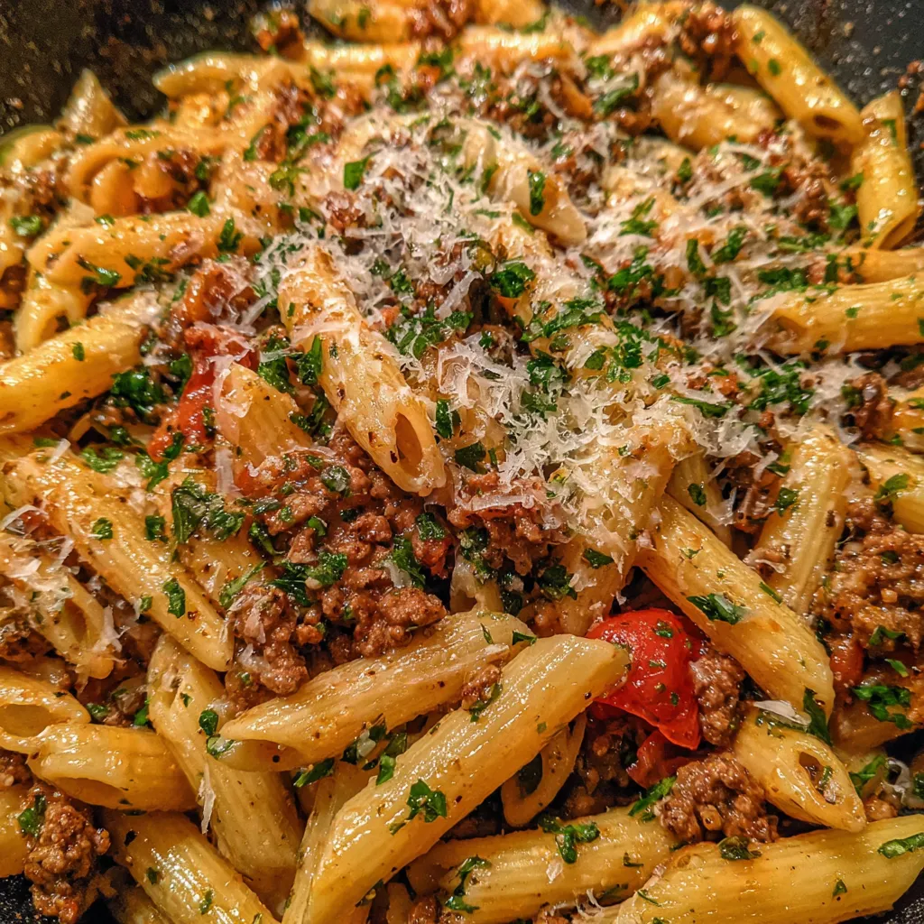 Creamy beef pasta in skillet