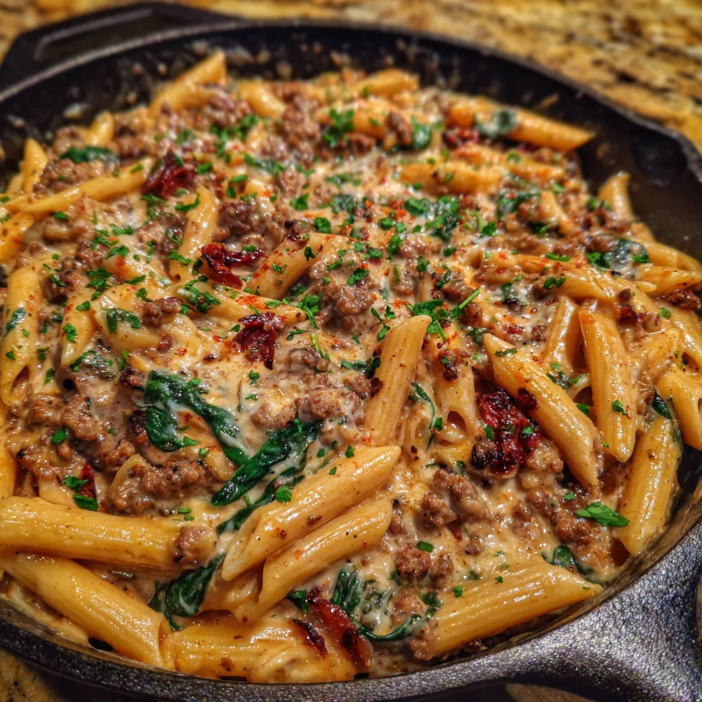Bowl of creamy beef pasta