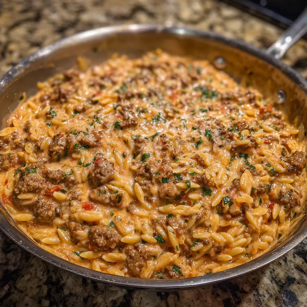 Ground beef orzo skillet