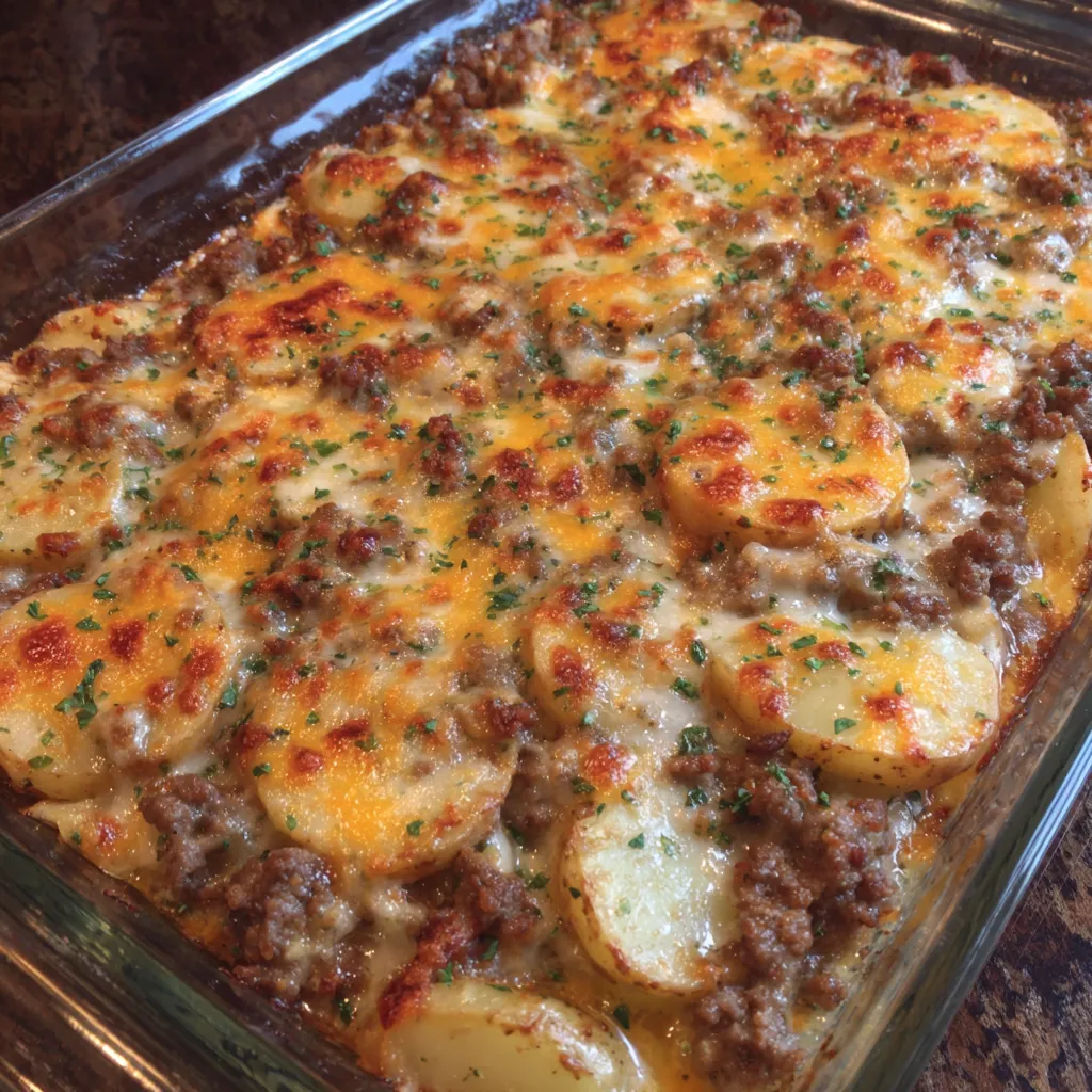 Close-up of cheesy potato casserole