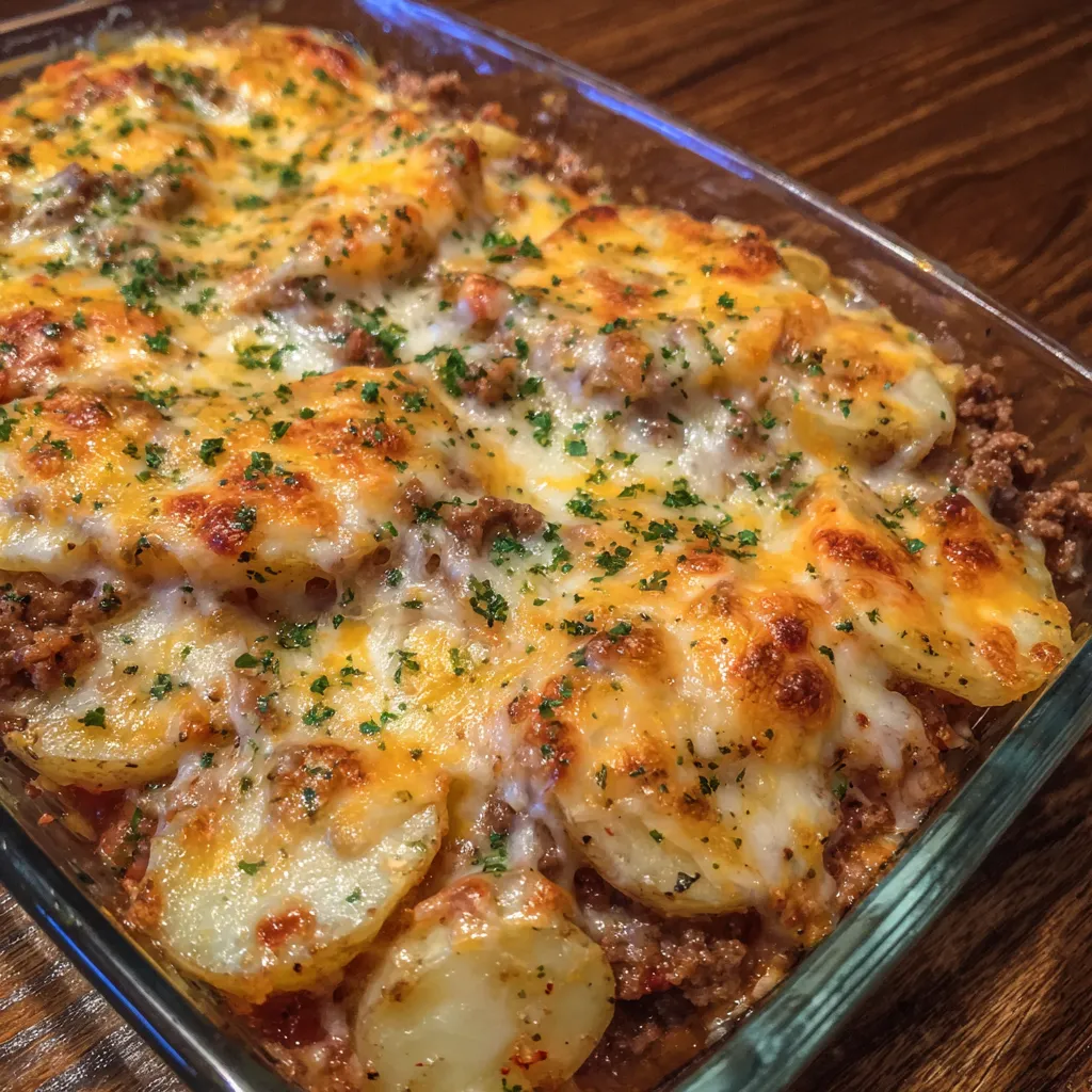 Potato beef casserole fresh from oven