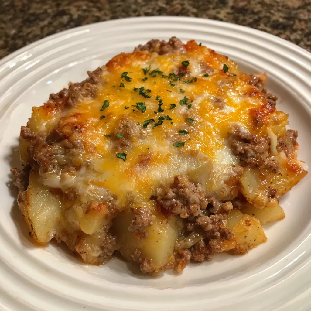Close-up of beef and potato casserole