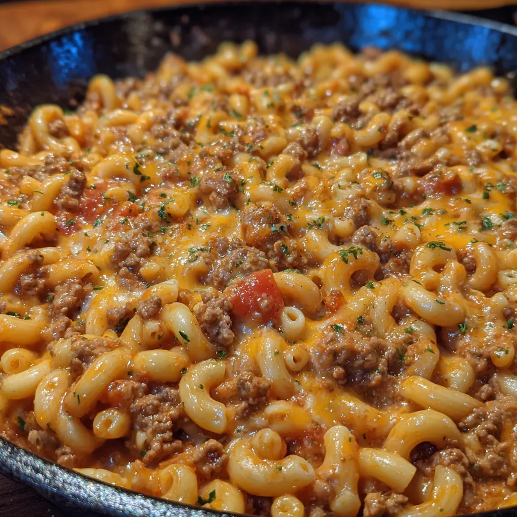 Beef pasta in skillet