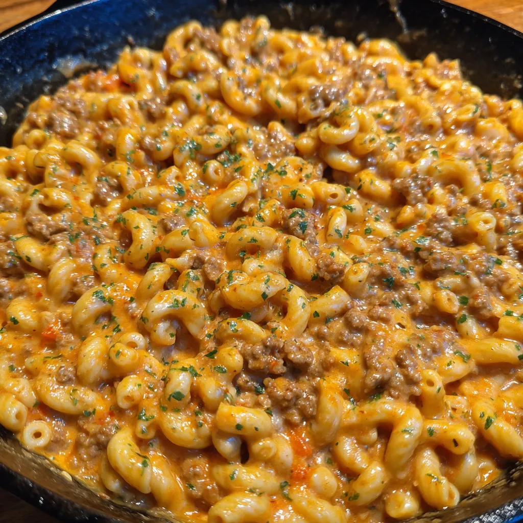 Close-up of cheesy beef pasta