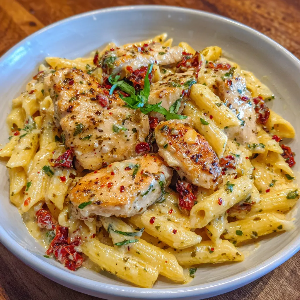 Close-up of creamy chicken pasta