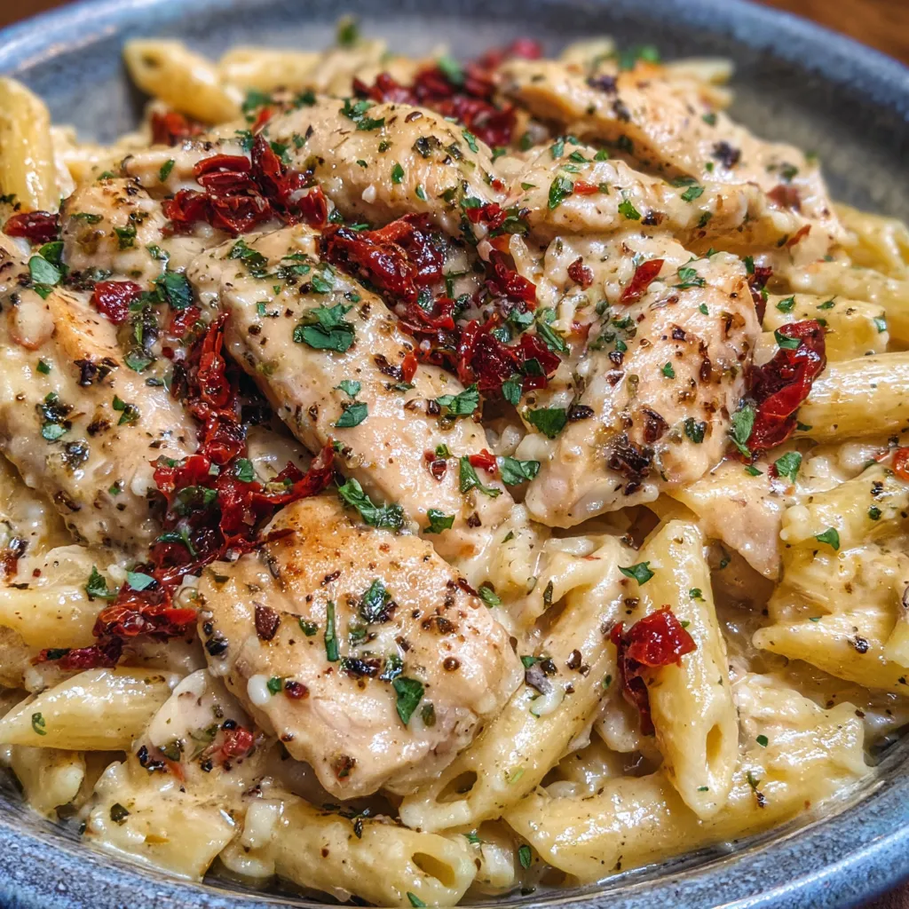 Skillet of creamy chicken pasta