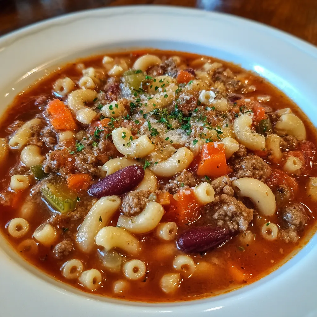 Close-up of pasta e fagioli