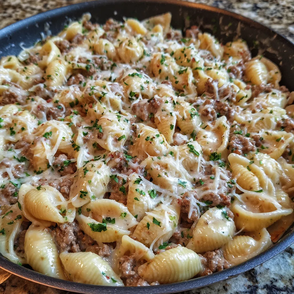 Creamy beef and shells
