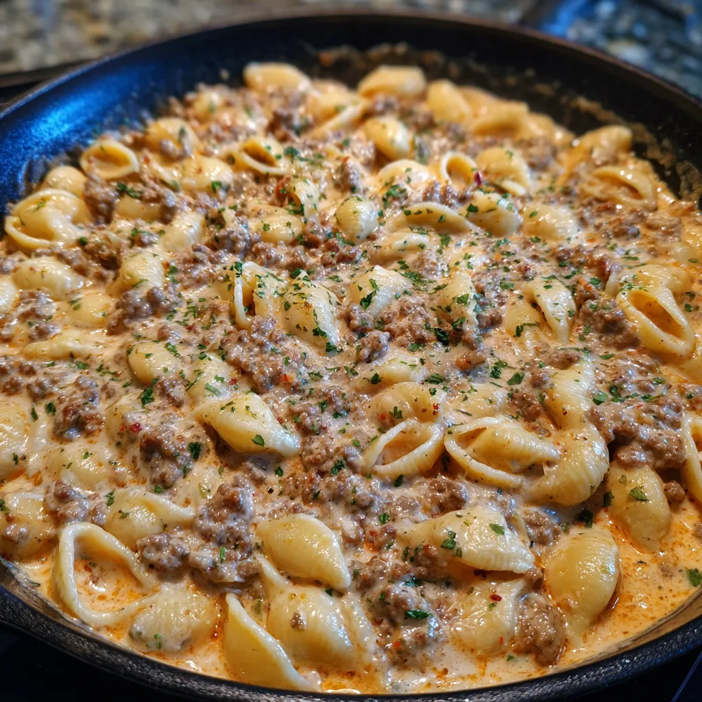 One-Pot Creamy Beef and Shells 30-Minute Best Easy Delicious
