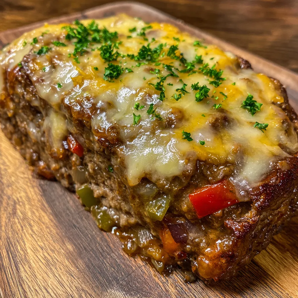 Close-up of cheesy meatloaf