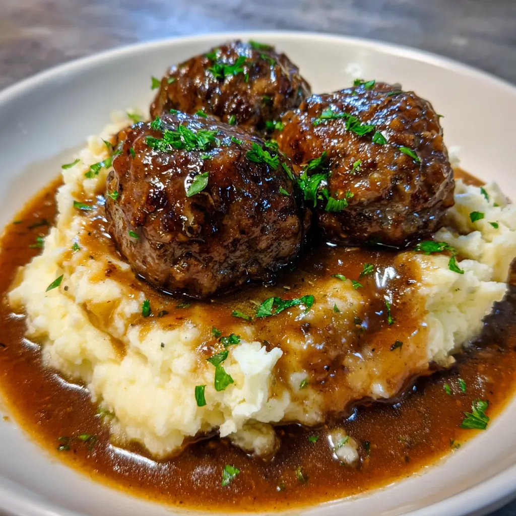 Close-up of Salisbury meatballs