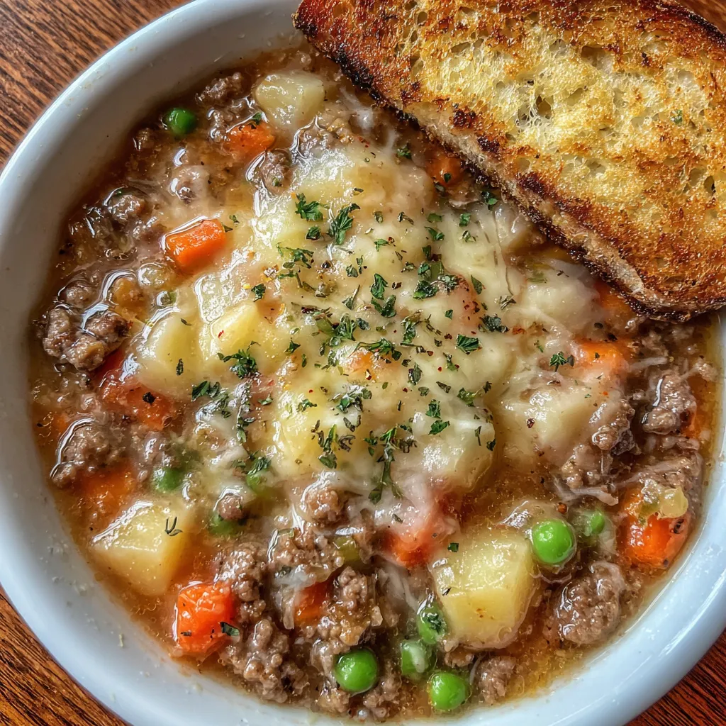 Close-up of shepherd’s pie soup