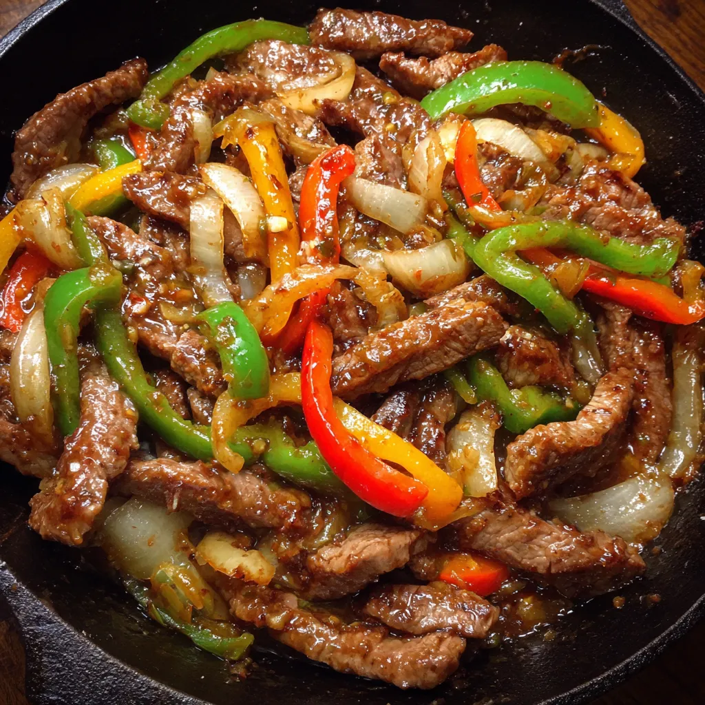 Pepper steak served with rice