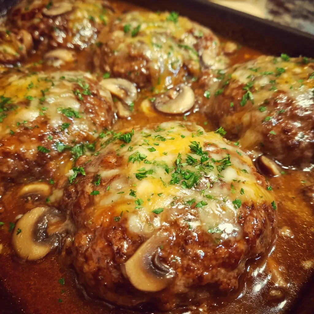 Baked hamburger patties with mushrooms