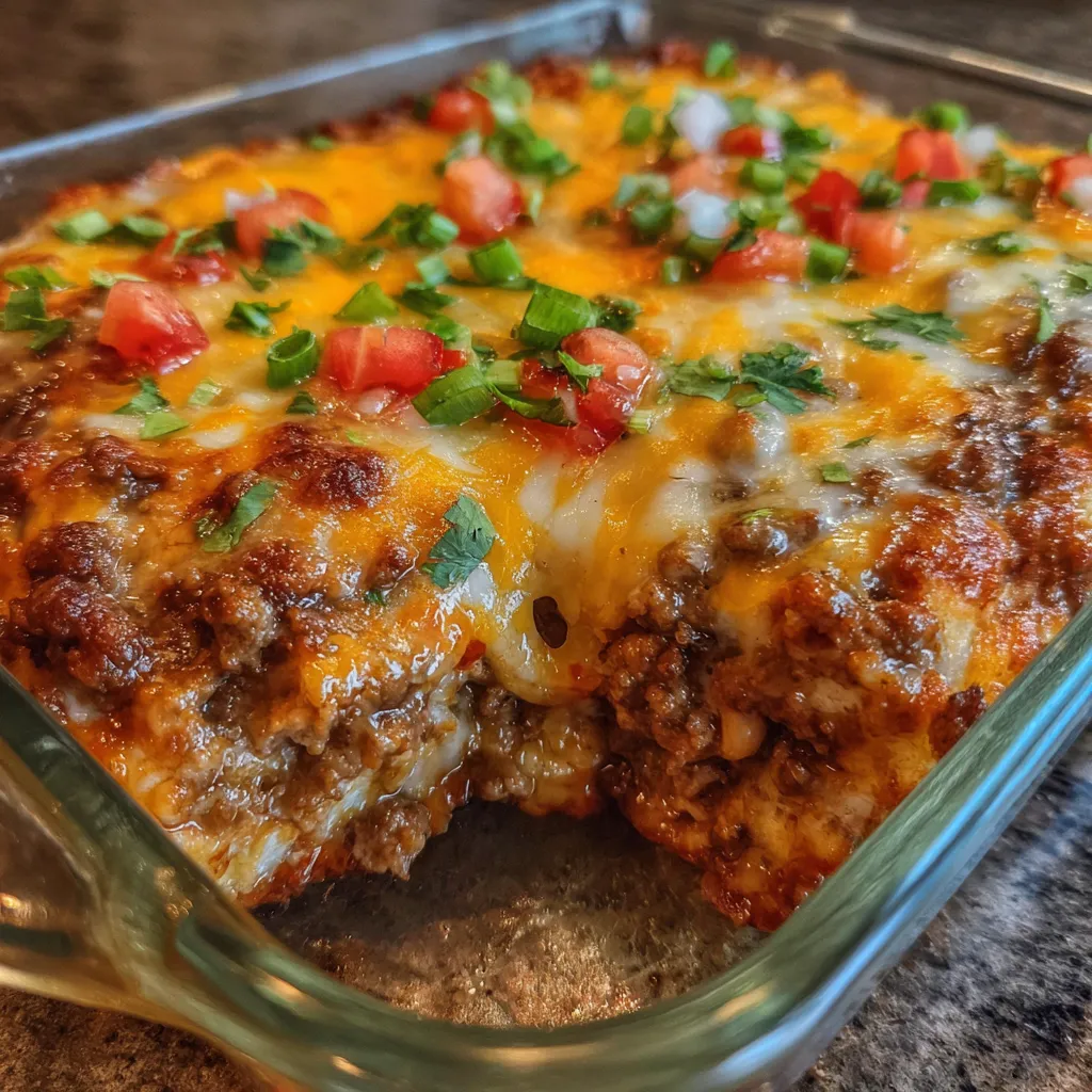 Layered burrito casserole with cheese