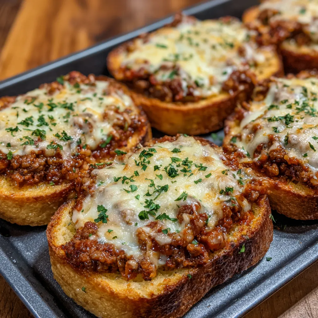 Sloppy joe on garlic bread with melted cheese