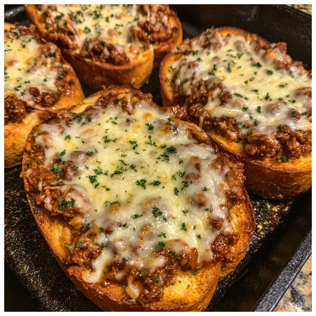 Garlic bread sandwich with ground beef and cheese