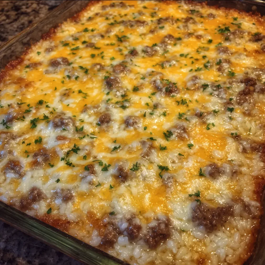 Cheesy beef rice bake