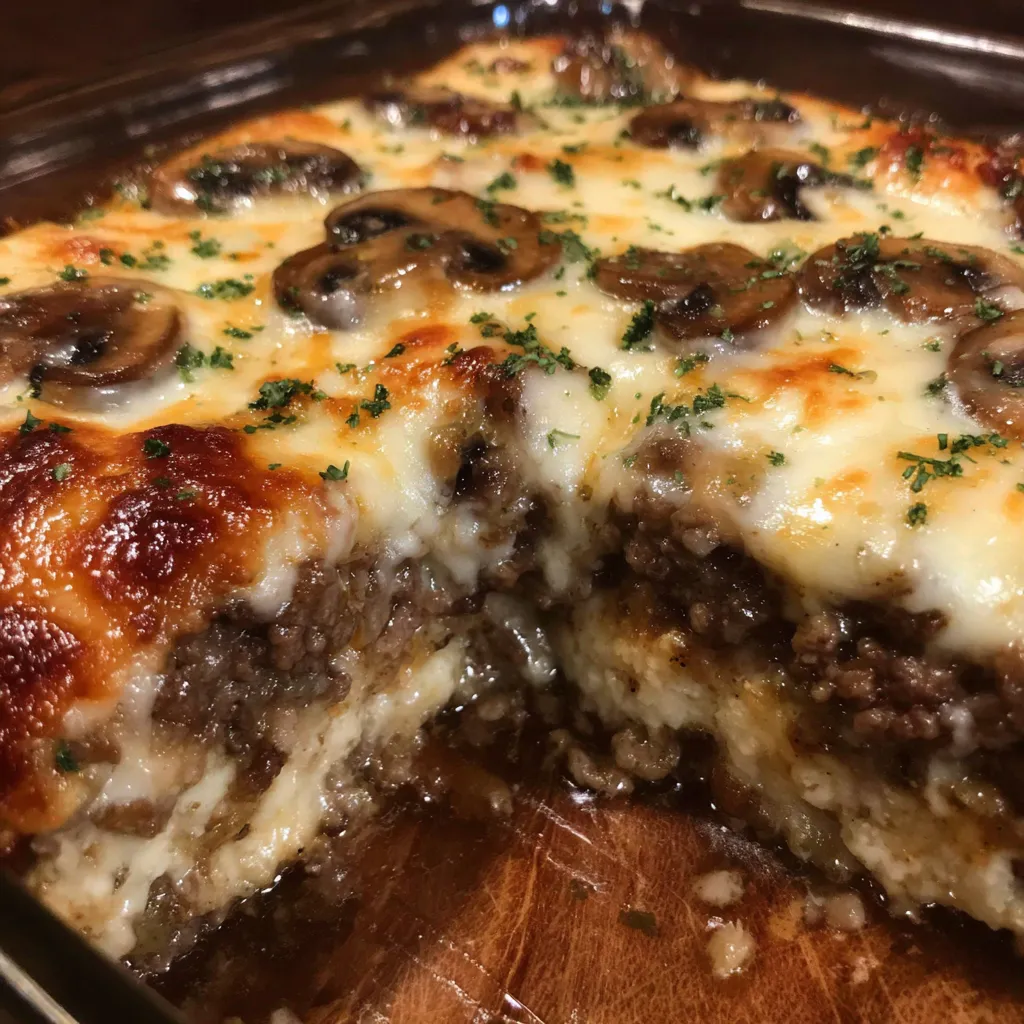Ground beef mushroom Swiss bake