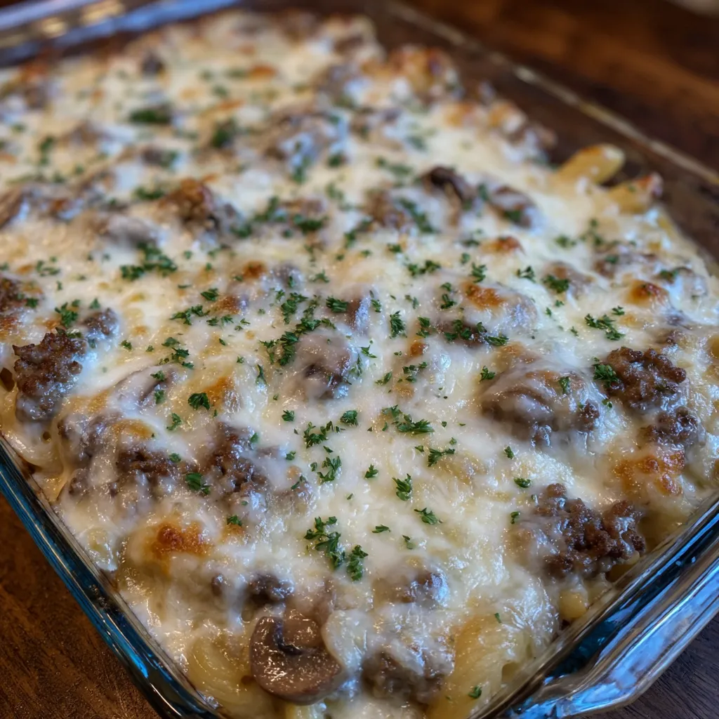Swiss cheese beef casserole close up