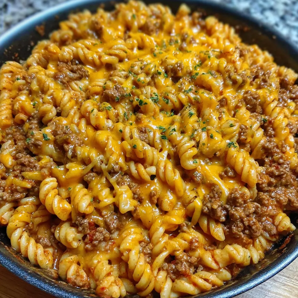 Cheesy beef pasta close up