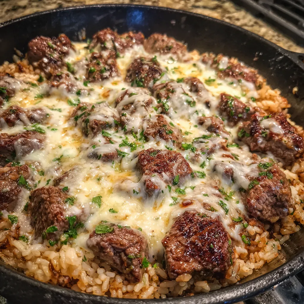 One pan steak and rice dinner