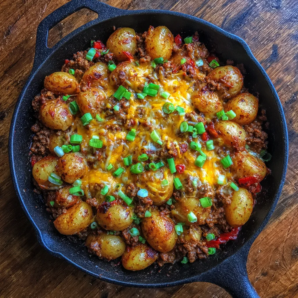 Ground beef chili over crispy potatoes