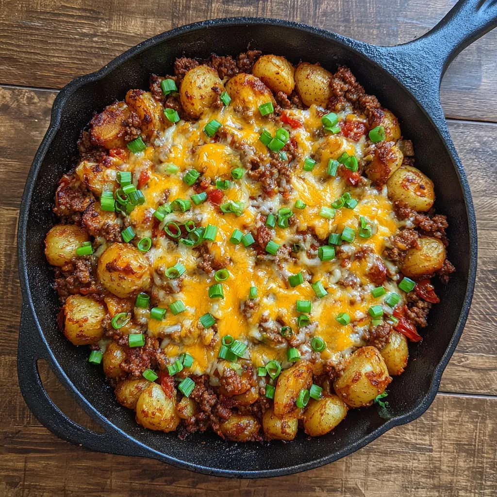 One pan chili cheese potatoes close up