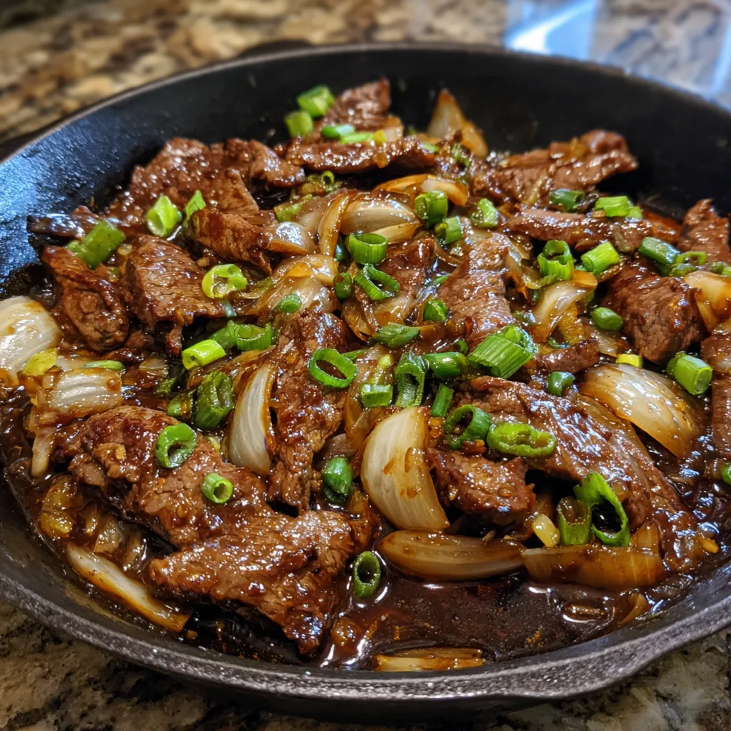Beef and onion stir fry skillet
