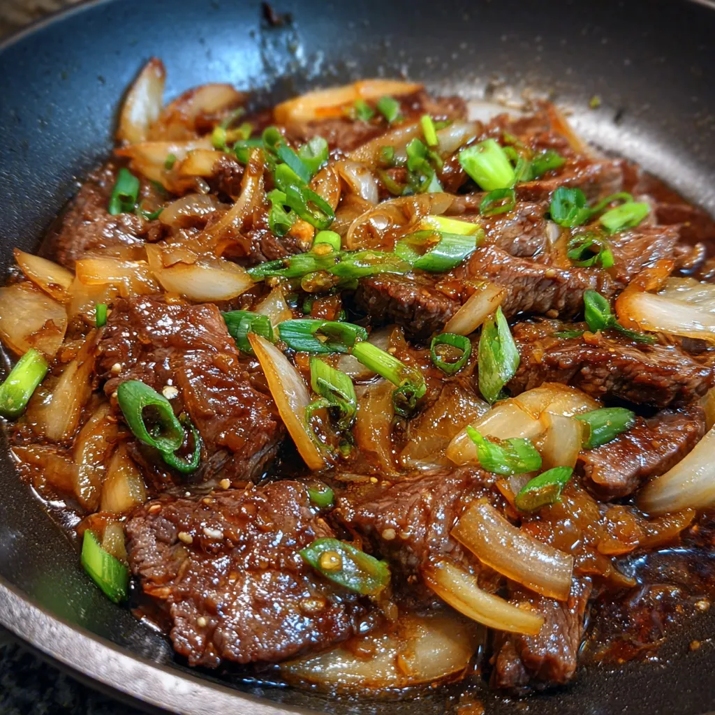 Homemade beef onion stir fry close up