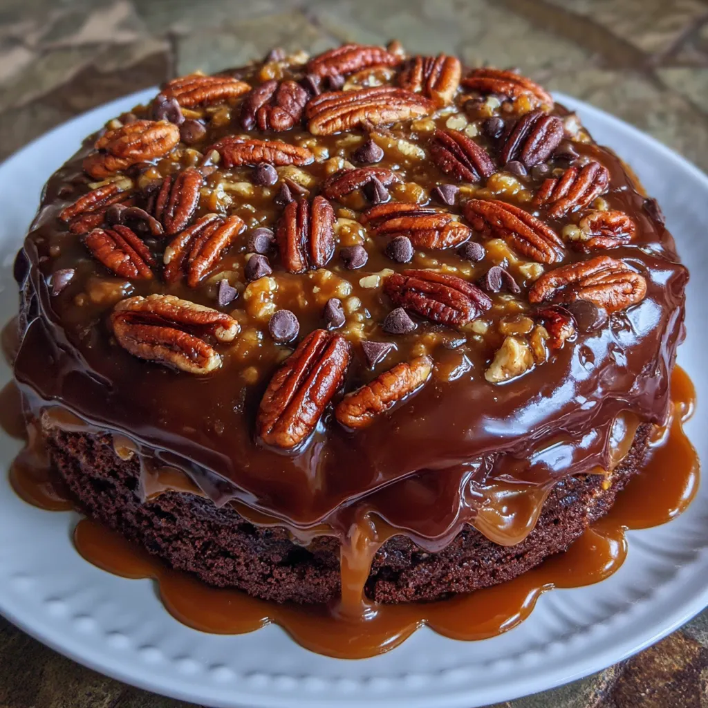 Gooey caramel chocolate cake slice