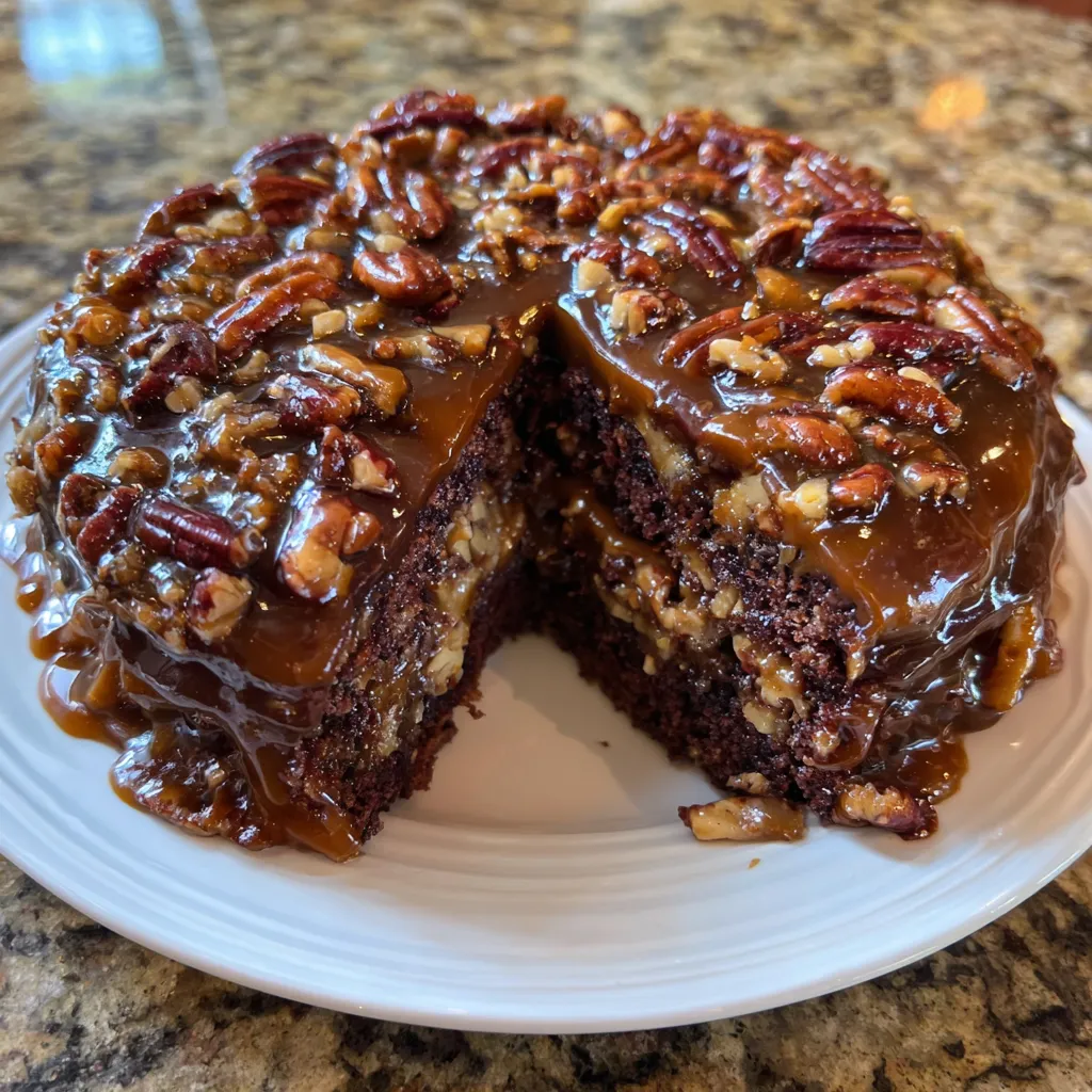 Chocolate turtle cake with caramel and pecans