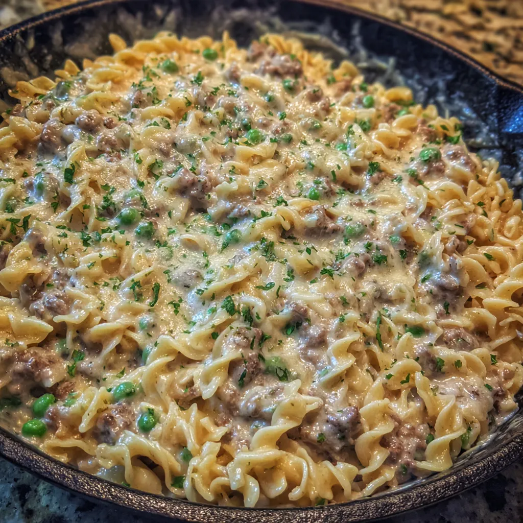 Ground beef egg noodle dinner close up