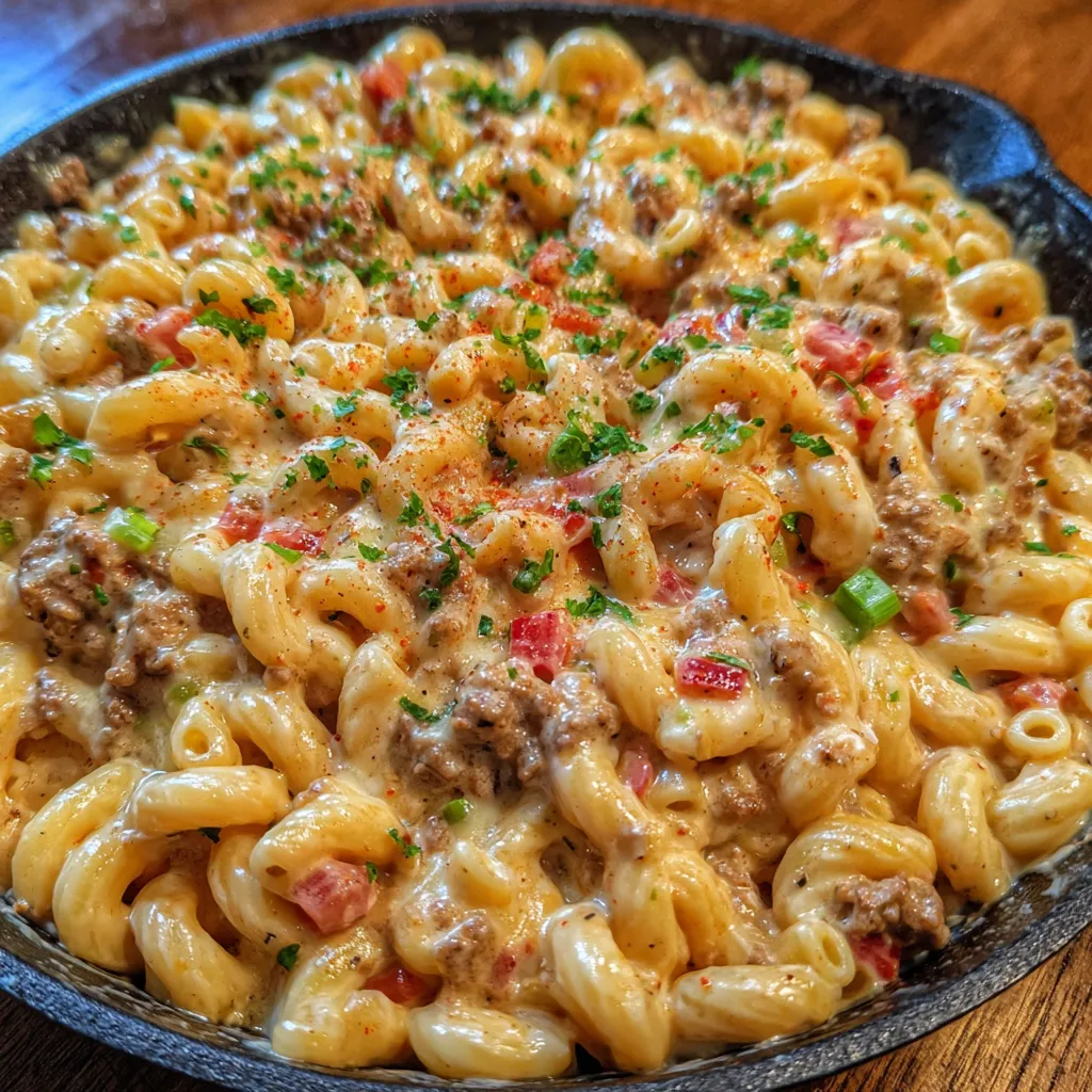Cheesy beef pasta with tomatoes and chiles
