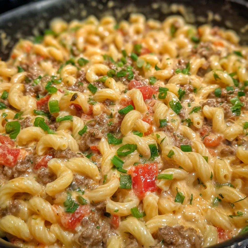 Creamy taco style beef pasta close up
