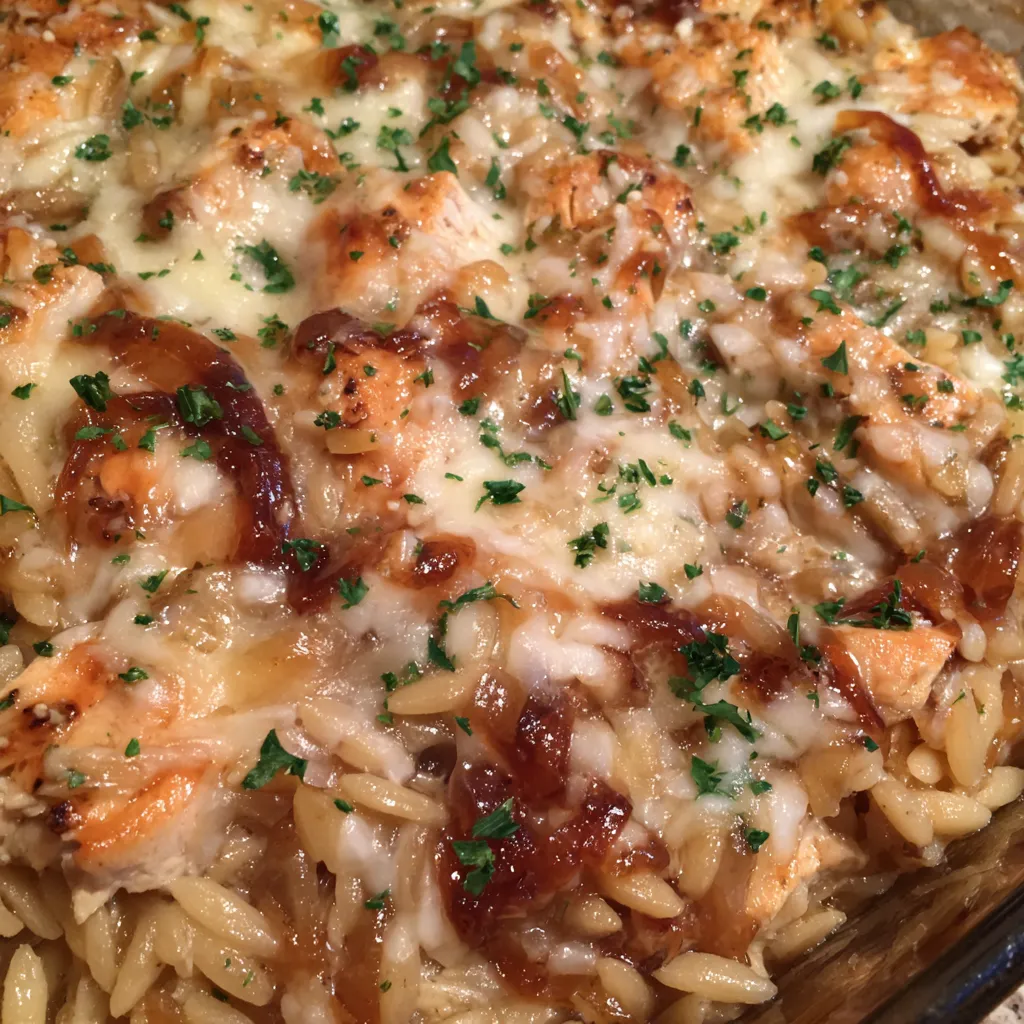 Chicken orzo french onion bake
