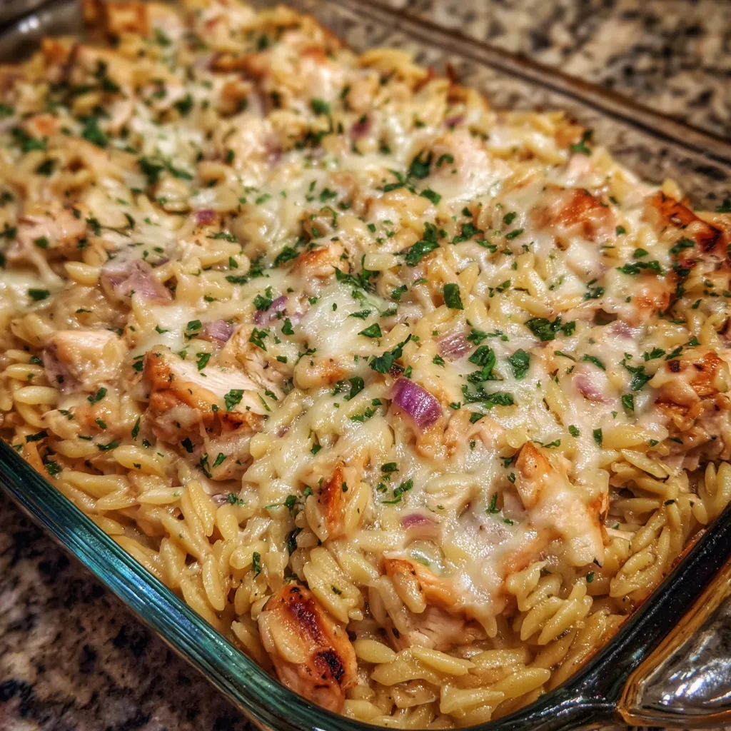 Cheesy chicken orzo casserole