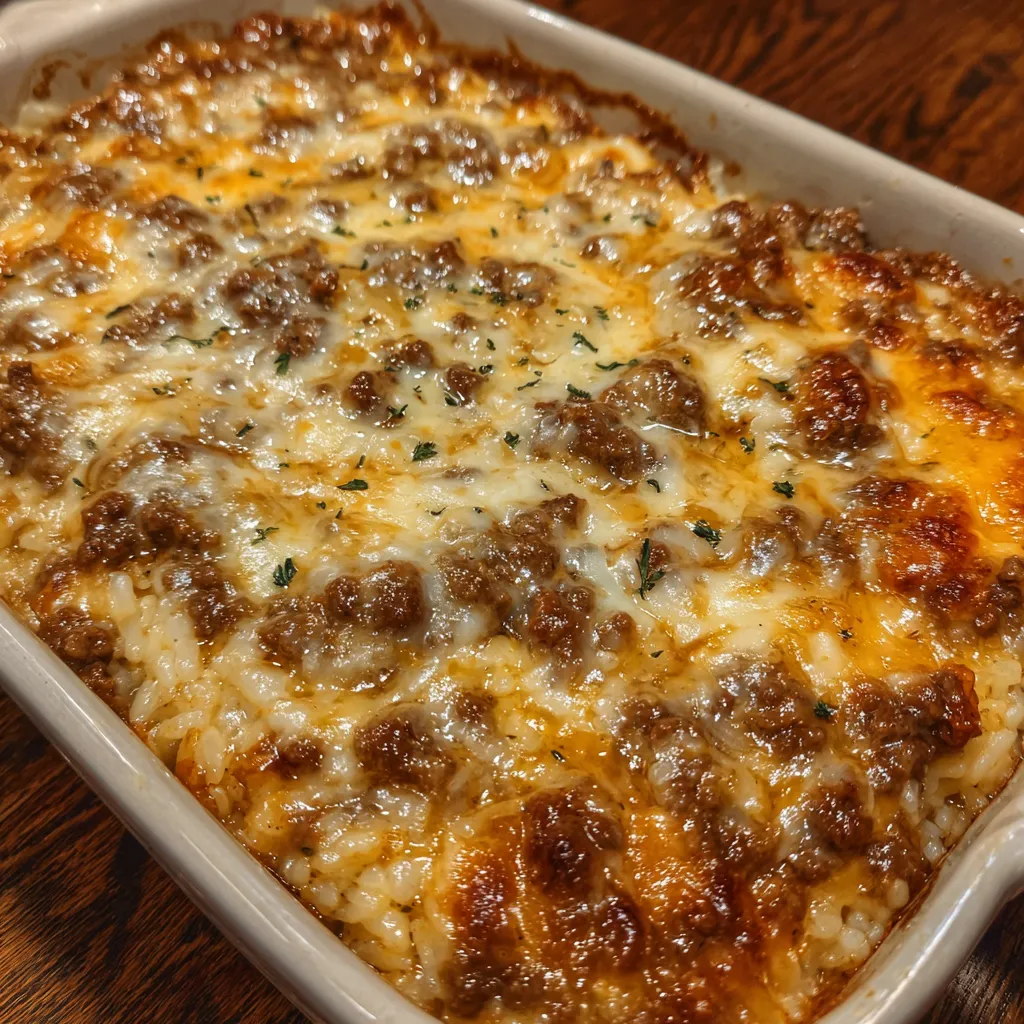 Close-up of beef rice casserole
