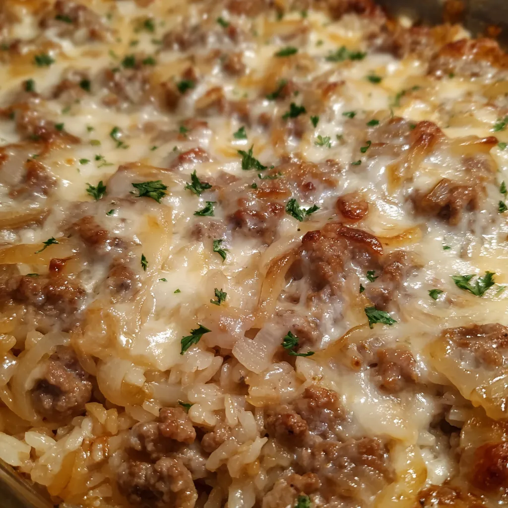 Cheesy beef rice casserole baked