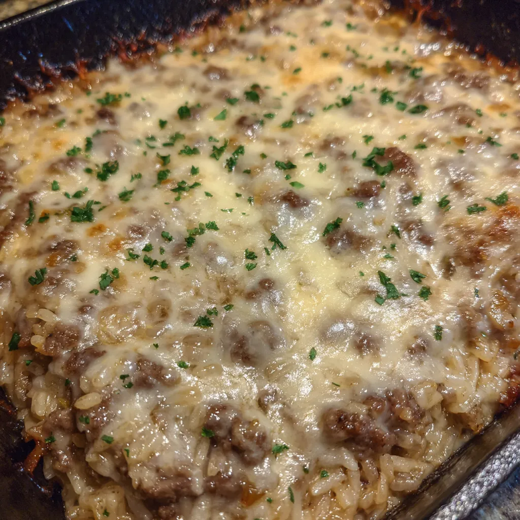 Cheesy beef rice casserole baked
