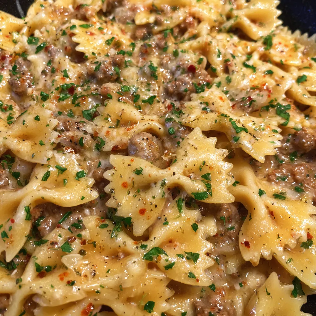 Garlic butter beef bowtie pasta