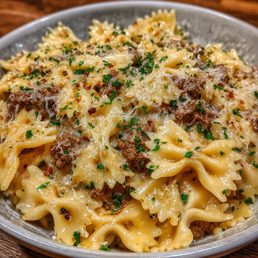 Creamy beef bowtie pasta