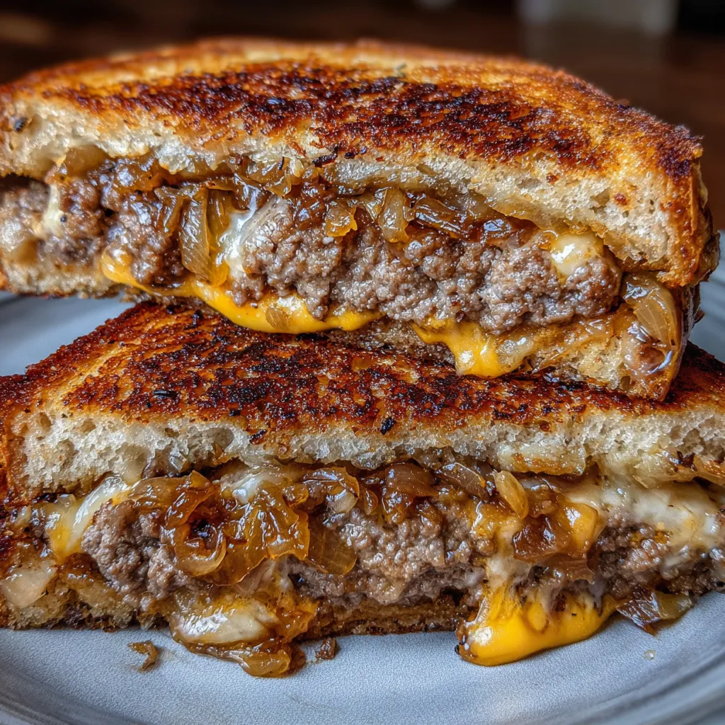 Golden toasted patty melt close up