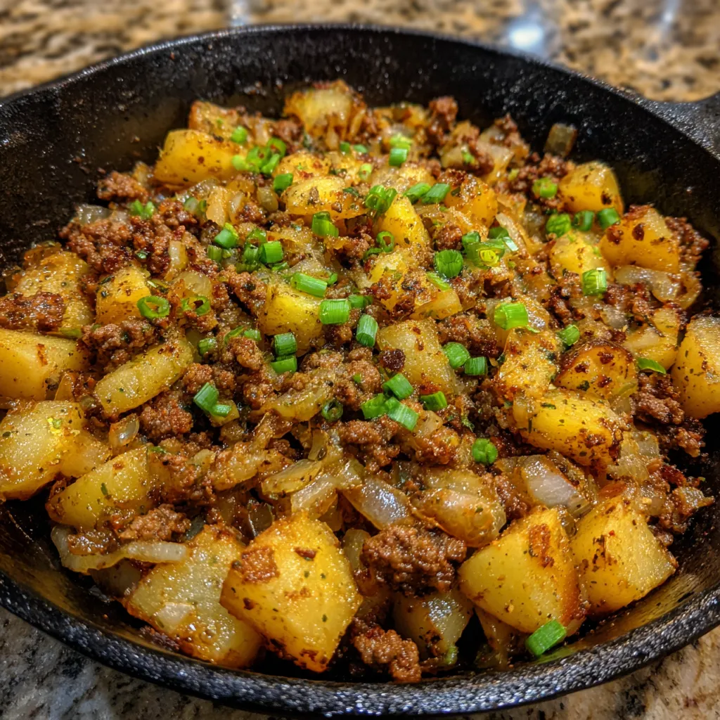 Beef and potato hash close up