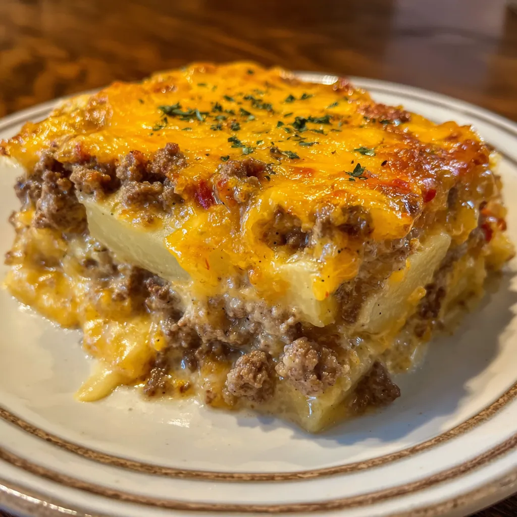 Hamburger and potato casserole layered