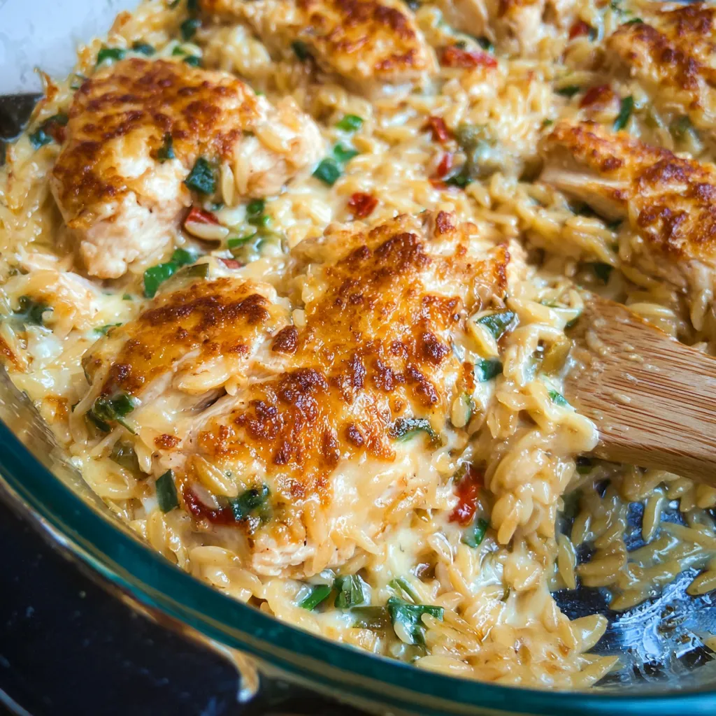 Cheesy chicken orzo casserole dish