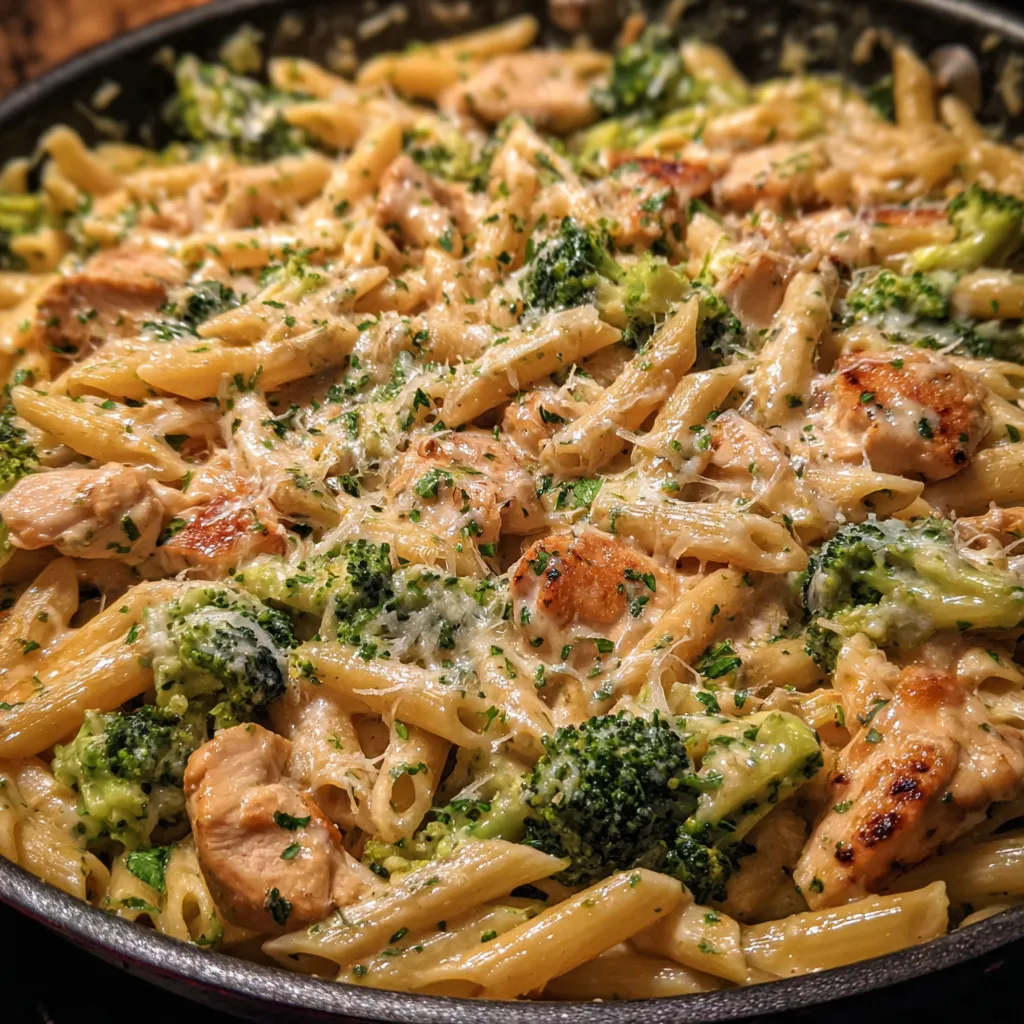 Cheesy chicken broccoli pasta skillet