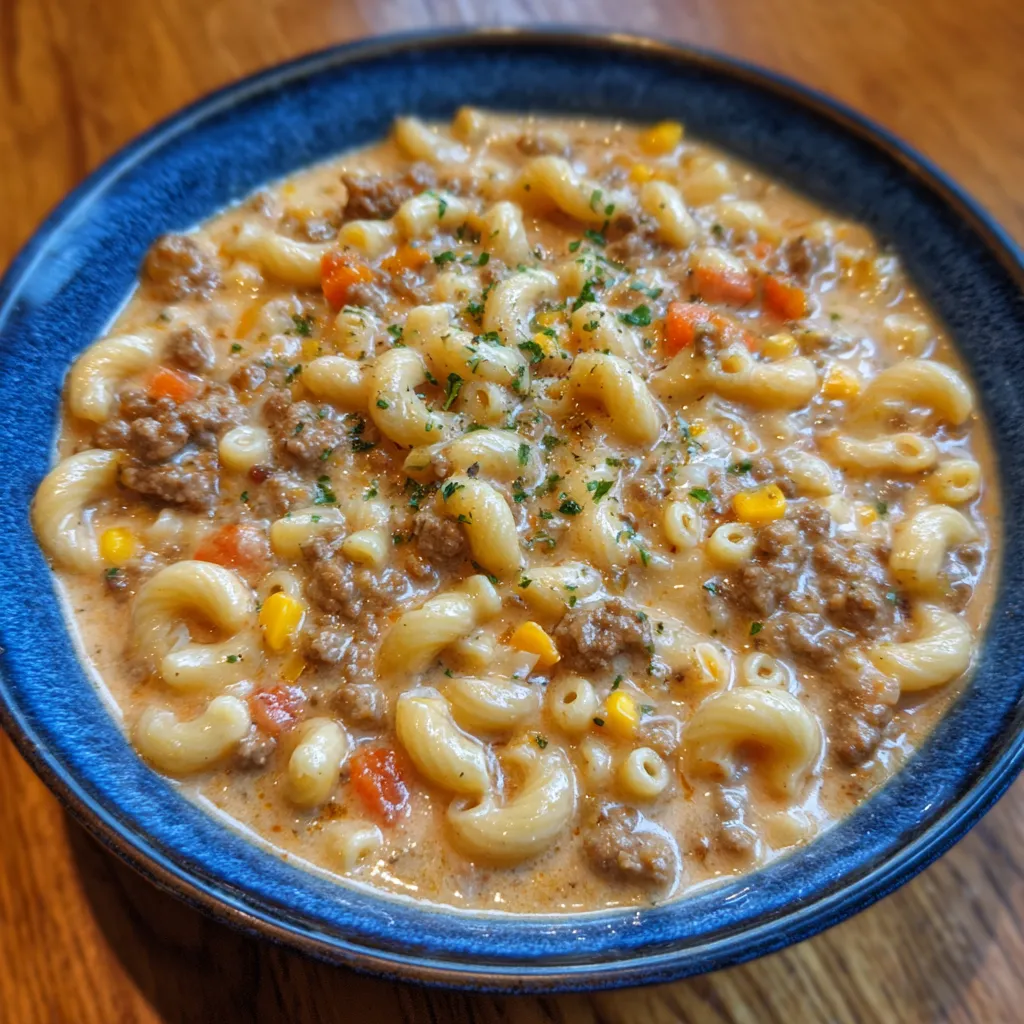 Bowl of cheeseburger macaroni soup