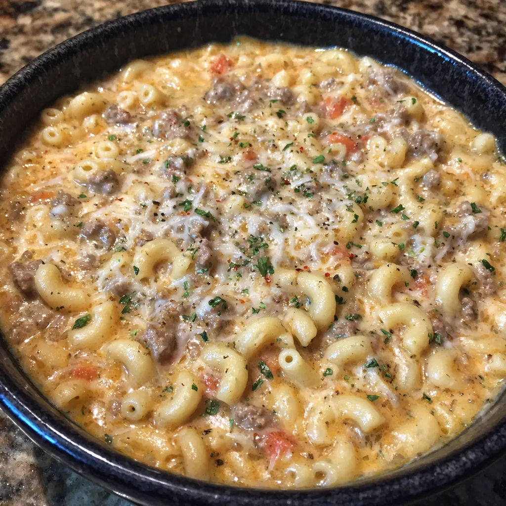 Close-up of cheeseburger soup