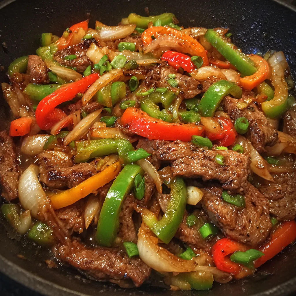 Homemade pepper steak close up